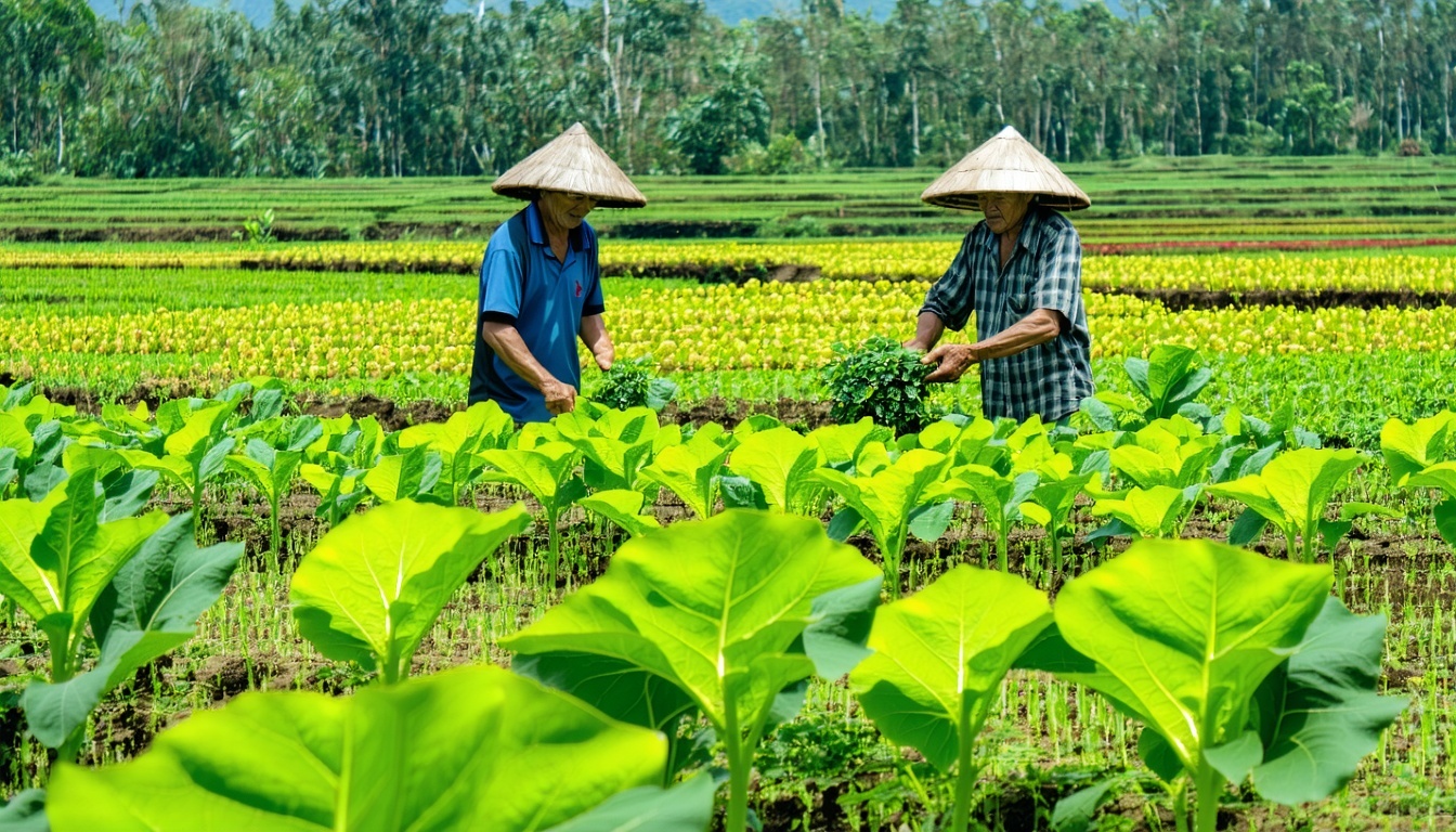 Tobacco farmers practicing sustainable agriculture in lush fields.